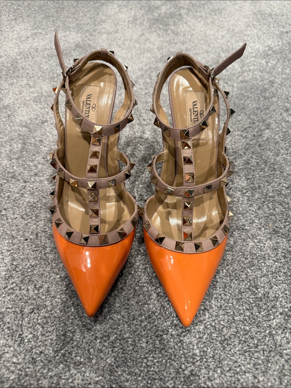 Authentic Valentino Orange Patent Pointed-Toe Rockstud T-Strap Pumps
